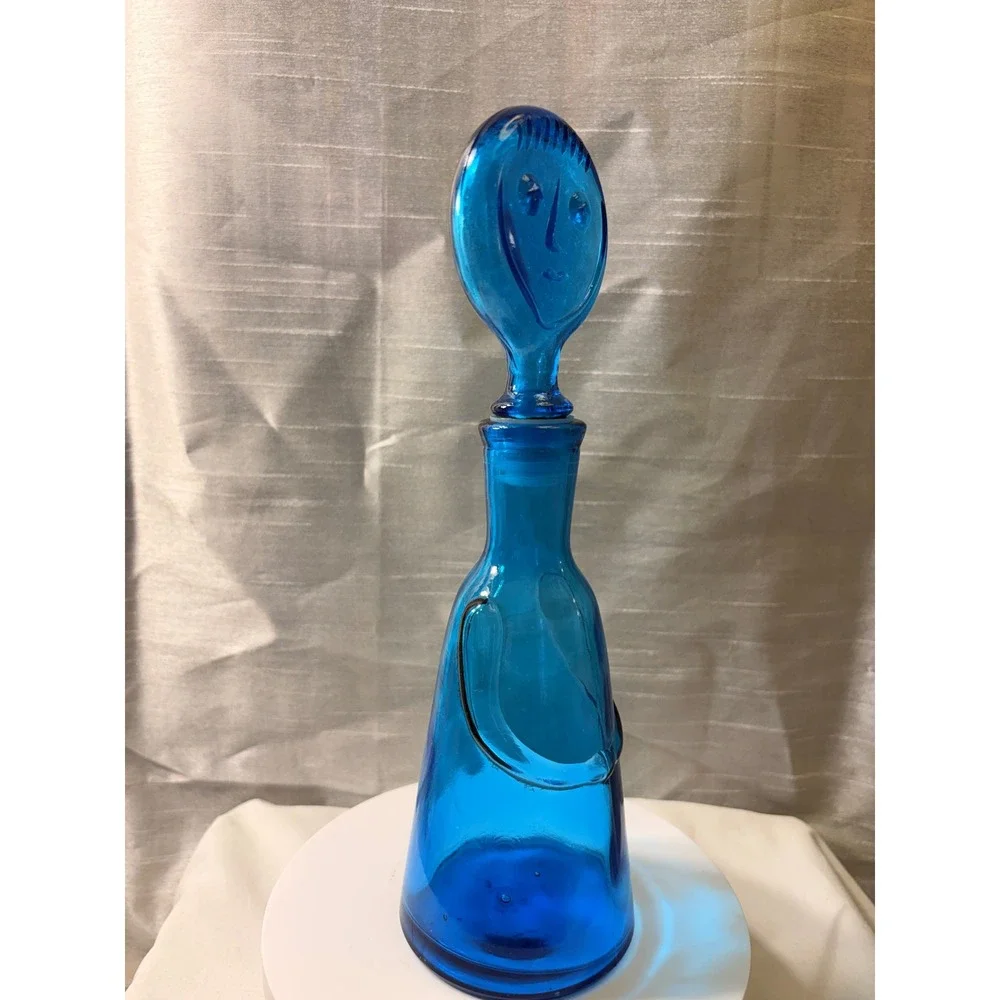 Vintage Erik Höglund Boda Blue Glass People Decanters Face Stoppers Pair MCM